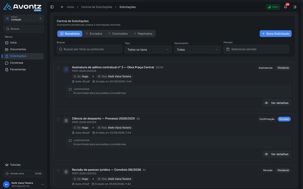 Central de aprovações e workflows automatizados