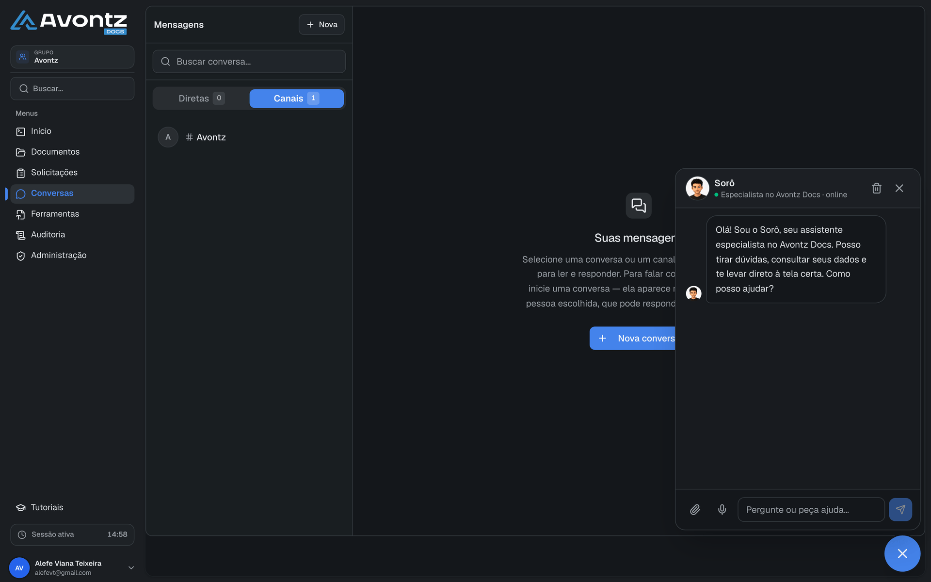 Sorô, o assistente de IA do Avontz Docs, em conversa de suporte