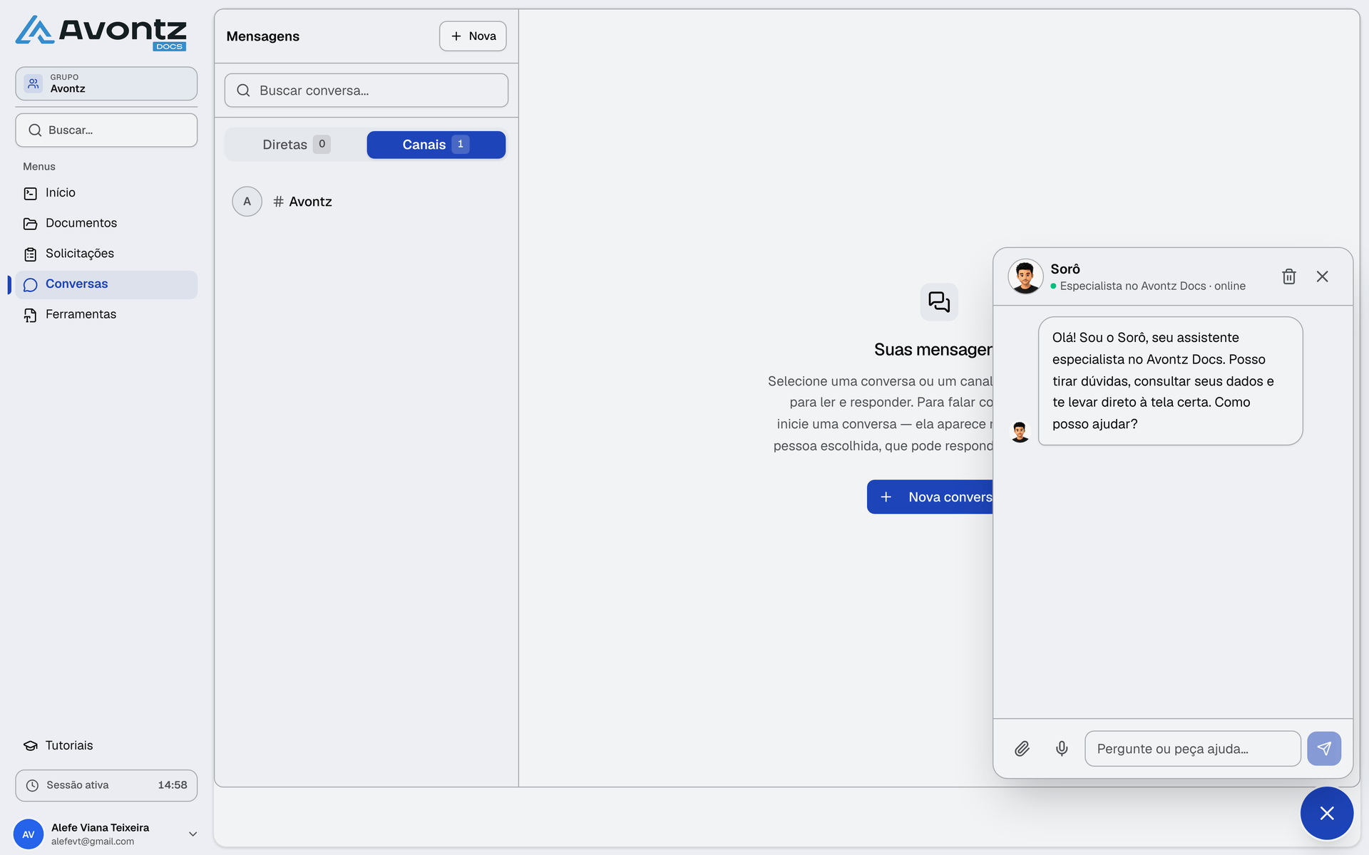 Sorô, o assistente de IA do Avontz Docs, em conversa de suporte