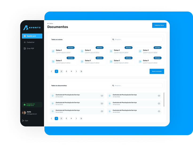 Tela de controle de documentos salvos do sistema